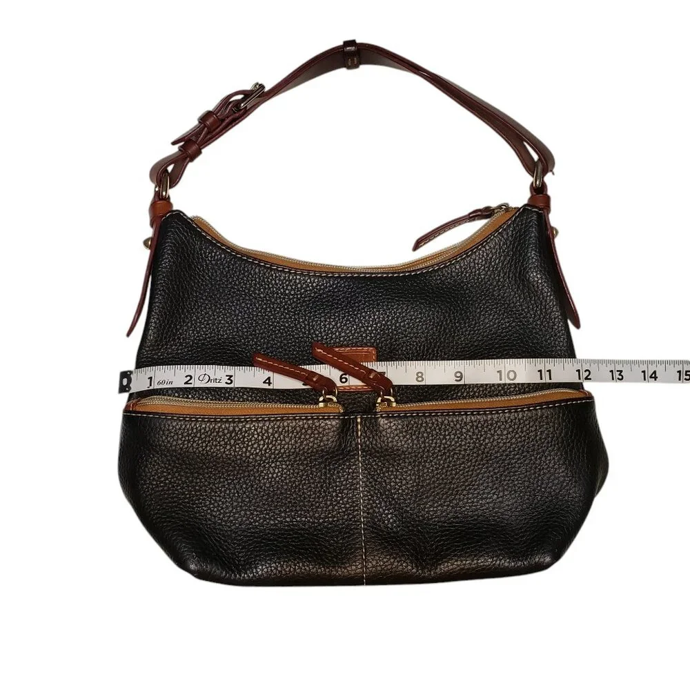Dooney and Bourke Black Pebbled Leather Shoulder Bag Brown Trim Red Interior